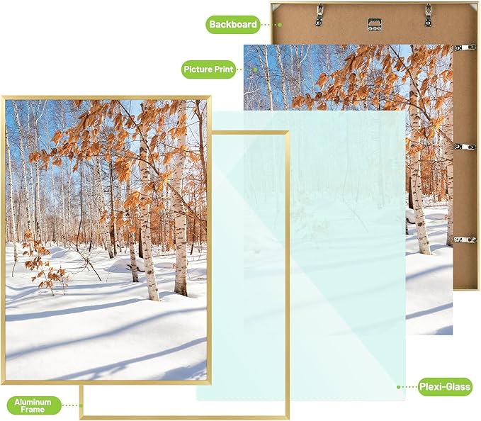 Golden State Art, A2 Aluminum Picture Frame, Gold Metal Thin Poster Frames for 16.5x23.4 inch Photo, Acrylic Front, Wall Hook for Horizontal or Vertical Display, 3 Pack