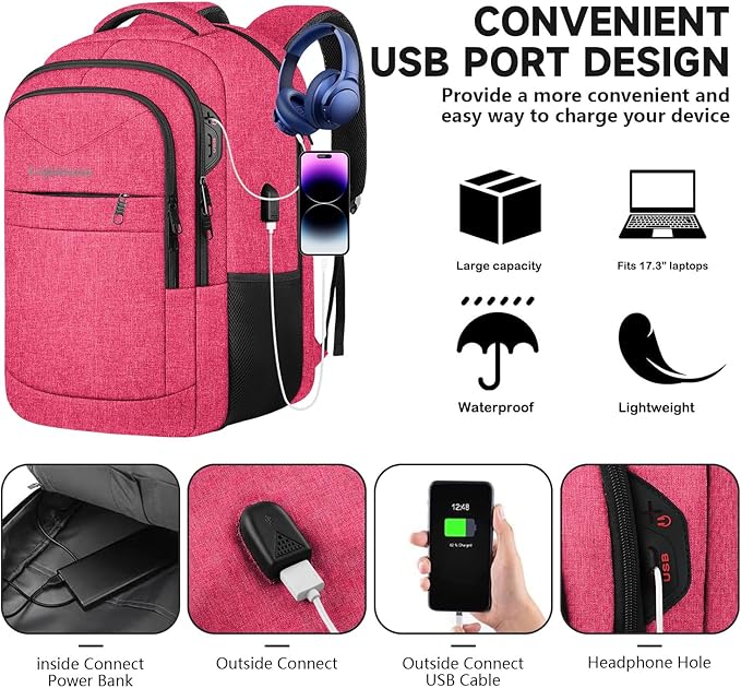 Lapsouno Extra Large Backpack, 17.3 Inch Travel Laptop Backpack, Water Resistant Casual Hiking Daypack, Computer Bag with USB Port, College School Business Carry on Rucksack for Women, Pink