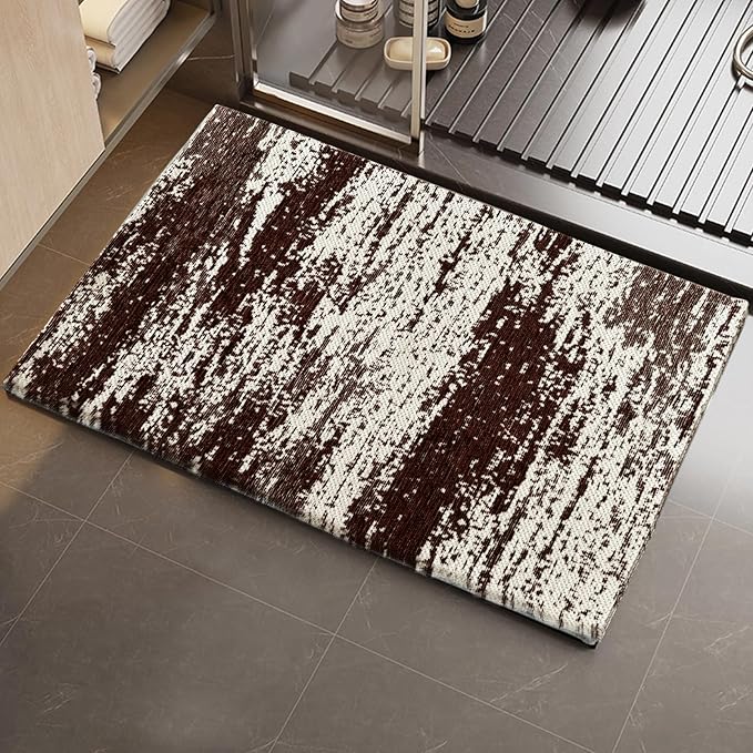 HDFK Graffiti Bath Mat | Non Slip Water Absorbent Quick Dry Woven Floor Mats | Thin Machine Washable Modern Shower Rug | Low Pile Profile Fit Under Door Vanity Room Bathroom Rugs | 24x17.7 Inch Brown