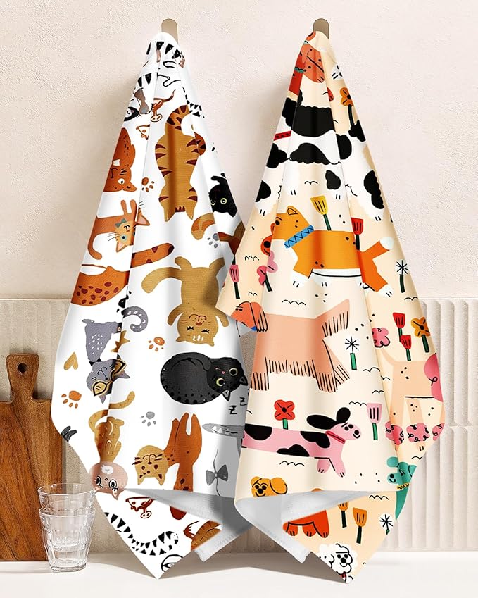 Microfiber Kitchen Towels - Set of 2 Dish Towels for Kitchen 18 x 26 Inch Home Decoration Crayon Dog Cat Cute Spring Hand Towels Soft & Absorbent Aesthetic Design