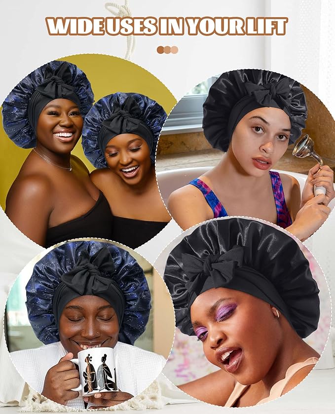 Satin Bonnet Silk Bonnet for Sleeping Silk Sleep Cap Double Layer Hair Bonnet with Elastic Tie Band for Curly Hair Night Cap(Nebula+Black)
