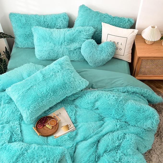 MorroMorn 5 PCS Shaggy Duvet Cover Bedding Set - Long Faux Fur Luxury Ultra Soft (Aqua, Full/Queen)