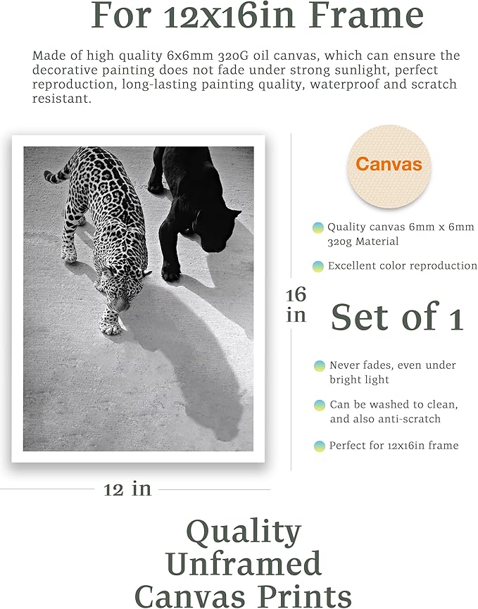EcoHest Unframed Cheetah and Jaguar Walking Wall Art, 12x16 in OAK Wood Vintage Black and White Funny Bathroom Canvas Art, Fashion 1950s Poster Decor, Beige Logs Set of 1 for Bedroom Living Room