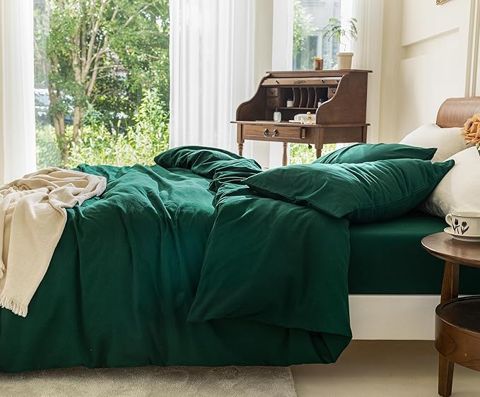 FOSSA Duvet Cover Set 100% Washed Cotton 3 Pieces Bedding Set Twill Soft Cozy Breathable Sturdy Substantial with Textured Weave Solid Green King