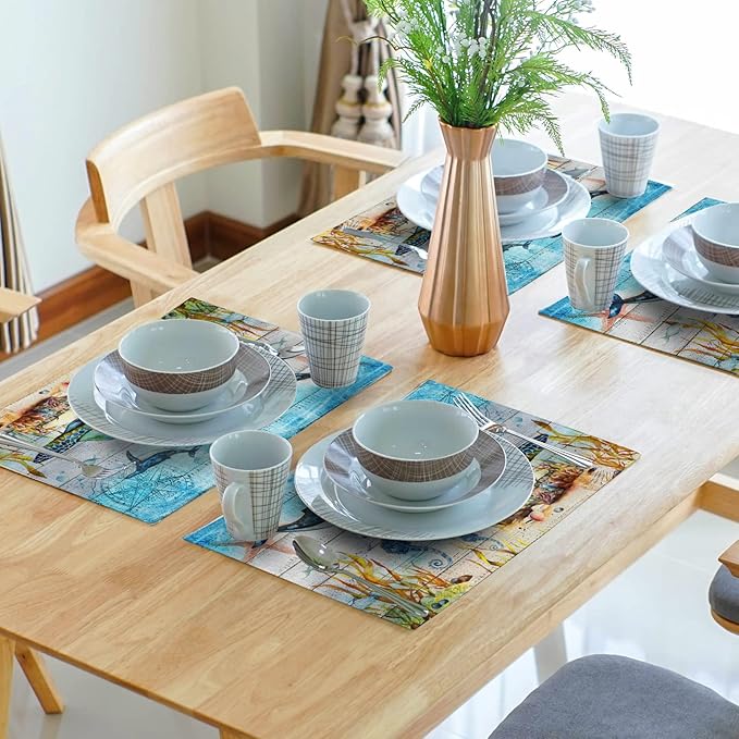 Giwawa Sea Life Placemats Set of 4- Sea Turtle Seahorse Whale Ocean Animal Place Mats- Vintage Compass Wood Board Heat Resistant Linen Table Mats 12"x18" for Dining Kitchen Summer Decoration