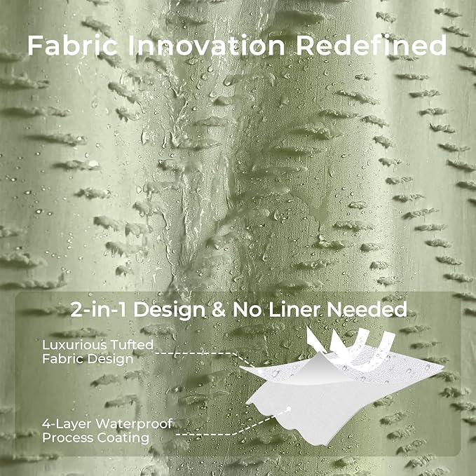 Green Boho Shower Curtain - 72 x 84, Tufted Chevron Textured Striped Fabric, Modern Minimalist for Bathroom