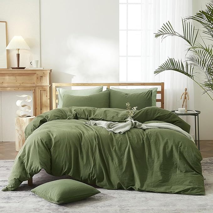 AMWAN Solid Color Army Green Duvet Cover King Size Bedding Sets Natural Washed Cotton Comforter Cover Dark Green Bedding Duvet Cover for Men Women Simple Style Green Bedding Collection