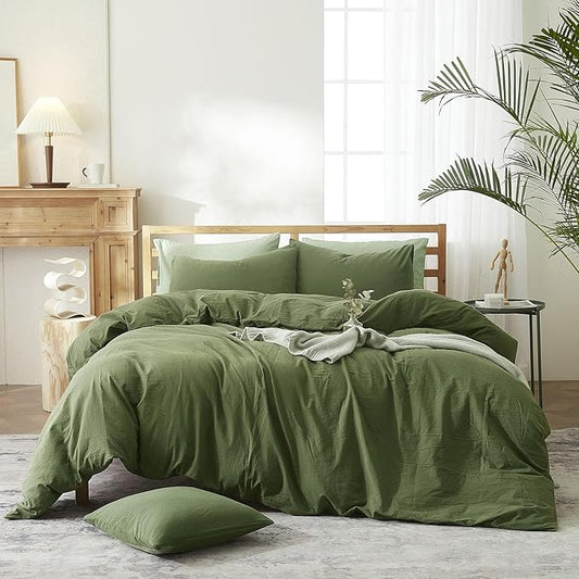 AMWAN Solid Color Army Green Duvet Cover King Size Bedding Sets Natural Washed Cotton Comforter Cover Dark Green Bedding Duvet Cover for Men Women Simple Style Green Bedding Collection