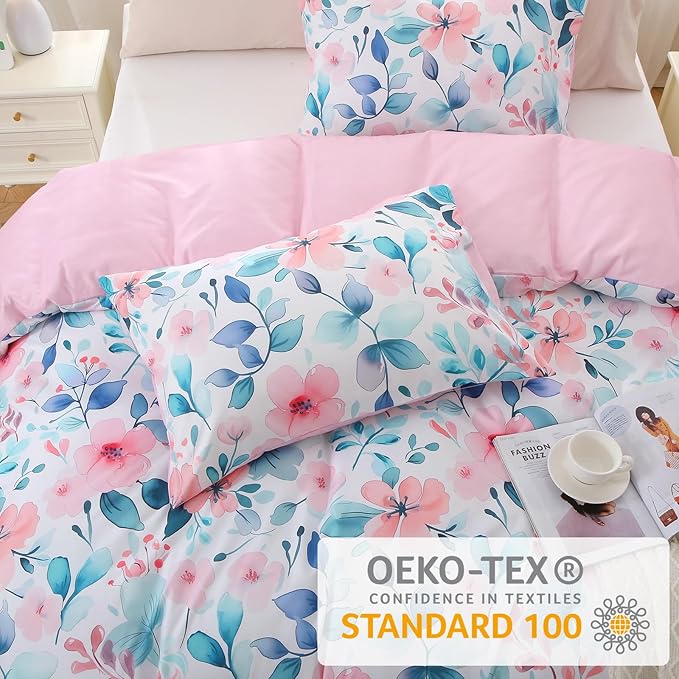 Duvet Cover King Size, Reversible Floral Vintage Duvet Cover Set with Zipper Closure, 3 Pieces Botanical Patterns Soft Microfiber Bedding Set (90"x104", 2 Pillow Cases 20"×36", Pink Blue Branch)