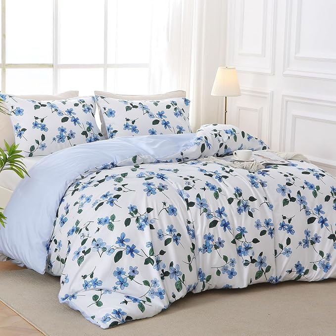 Duvet Cover King Size, Reversible Floral Vintage Duvet Cover Set with Zipper Closure, 3 Pieces Botanical Patterns Soft Microfiber Bedding Set (90"x104", 2 Pillow Cases 20"×36", Large Blue Flower)