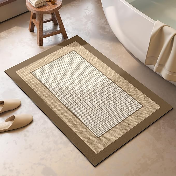 Non Slip Thin Bath Mat Bathroom Rugs, Rubber Backing Ultra Thin Bathroom Rug Fit Under Door, Quick Dry Super Absorbent Washable Shower Bath Mats, Khaki 24x36