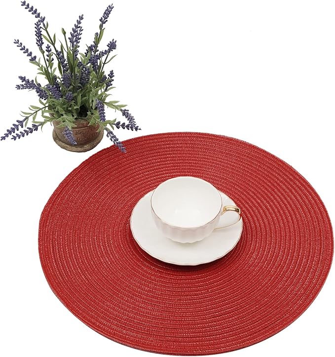 SHACOS Round Placemats Set of 6 Braided Cotton Polyester 15 inch Washable Place Mats for Dining Tables Christmas Table Mats Home Wedding Party Table Decor (Red, 6)