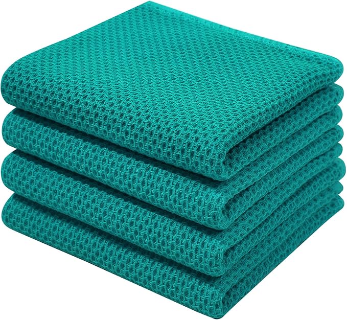 Homaxy 100% Cotton Waffle Weave Kitchen Dish Towels, Ultra Soft Absorbent Quick Drying Cleaning Towel, 13 x 28 Inches, 4-Pack, Teal