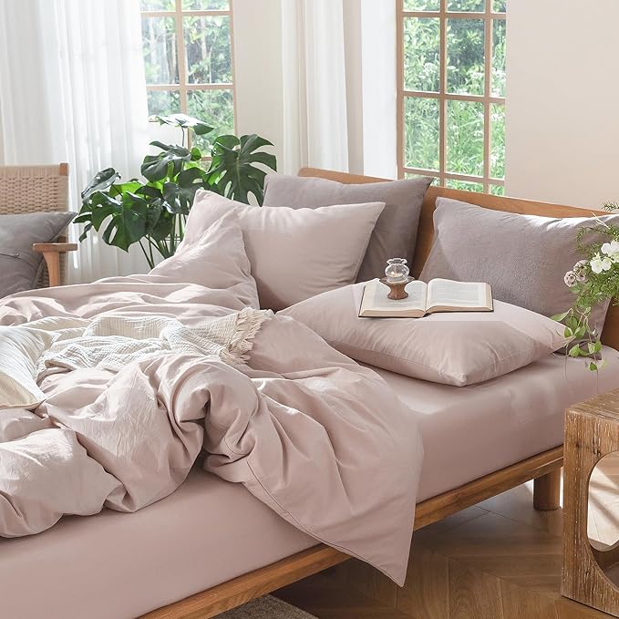 MooMee Bedding Duvet Cover Set 100% Washed Cotton Linen Like Textured Breathable Durable Soft Comfy (Heathered Greyish Pink, Queen 90"x90")