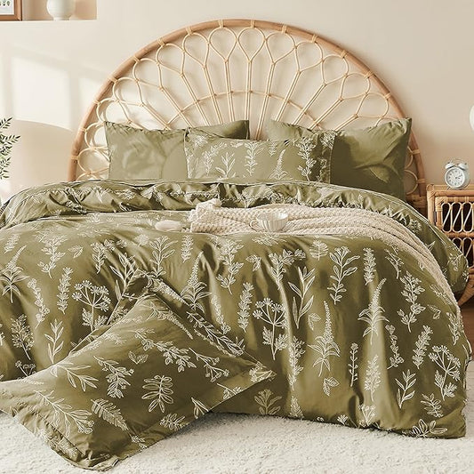 MUXHOMO Duvet Cover Queen Size, Reversible Floral Olive Green Duvet Cover Set with Zipper Closure, 3 Pieces Botanical Patterns Soft Microfiber Bedding Set with 4 Ties (90"x90", 2 Pillow Cases)