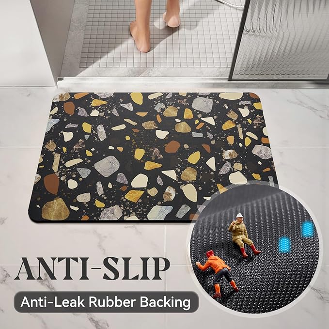 MontVoo -Bath Mat-Non Slip Thin Bathroom Rugs Fit Under Door- Quick Dry Absorbent Faux Suede Surface Grey Bathroom Floor Mats-Shower Rug for in Front of Bathtub Shower Black & Multi Color 16x24