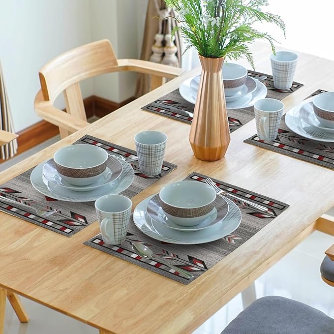 Giwawa Southwestern Placemats, Grey Red Tribal Geometric Decorative Table Mats, Native American Ethnic Farmhouse Non-Slip Place Mat for Dining Kitchen Party, 12x18Inch, Set of 4