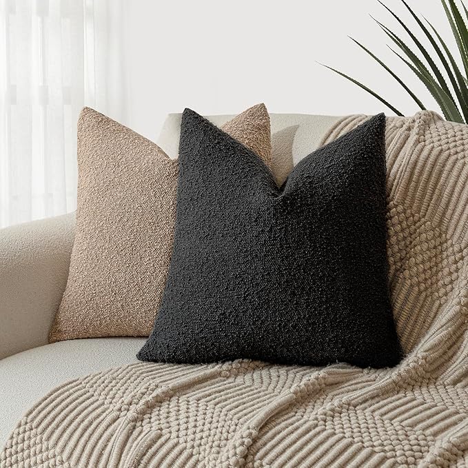 Foindtower Set of 2, Decorative Textured Boucle Throw Pillow Covers Accent Solid Pillow Cases Neutral Soft Couch Cushion Case for Chair Sofa Bedroom Living Room Home Decor 24 x 24 Inch Black