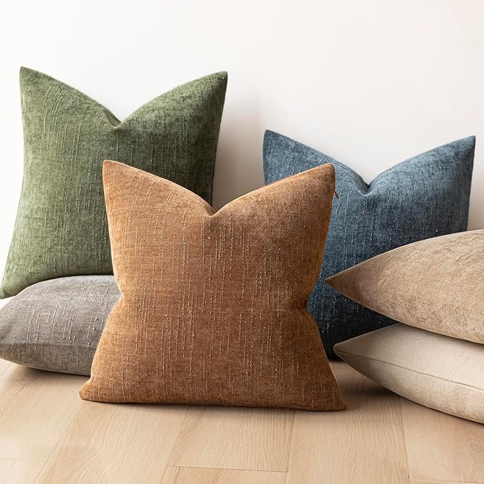 Foindtower Pack of 2 Soft Textured Chenille Throw Decorative Pillow Covers Square Accent Solid Cushion Cover Cozy Neutral Farmhouse Pillow Case for Couch Sofa Bedroom Living Room 16x16 Inch,Dark Green