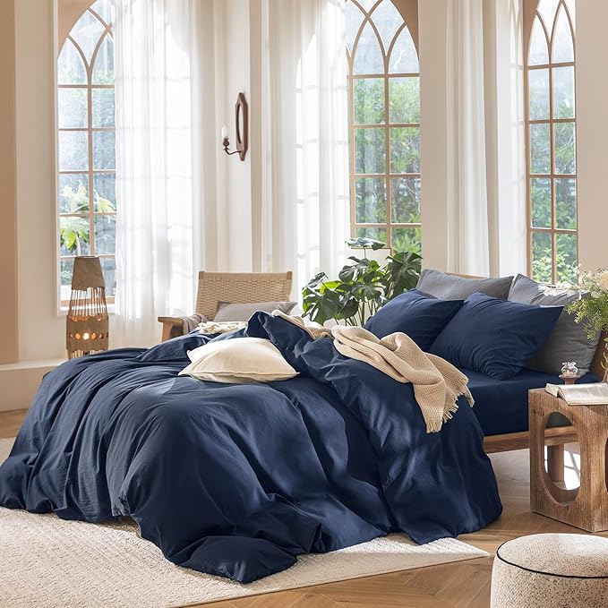 MooMee Bedding Duvet Cover Set 100% Washed Cotton Linen Like Textured Breathable Durable Soft Comfy (Solid Navy, King 104"x90")