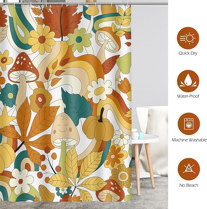 Aimego Cute Mushroom Shower Curtain - 70s Retro Boho Floral Plant Funky Groovy Flowers Hippie Fabric Cloth Bath Shower Curtain Set with 12 Hooks for Bathroom Decor Accessories, 72"x72"