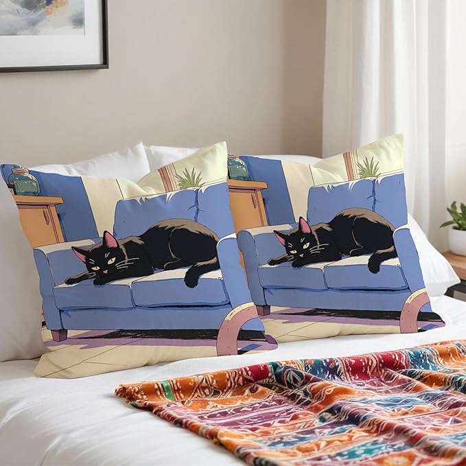 Vintage Black Cat Pillow Covers 18x18, Cats Lovers Lady Gifts, Cat Mom Grandma Gifts, Japanese Anime Black Cats Decorative Pillow Covers for Home Bedroom Living Room Office Decor
