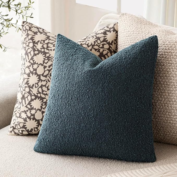 Foindtower Pack of 2, Decorative Textured Boucle Throw Pillow Covers Accent Solid Pillow Cases Cozy Soft Couch Cushion Case for Chair Sofa Bedroom Living Room Home Decor 22x22 Inch Dark Blue