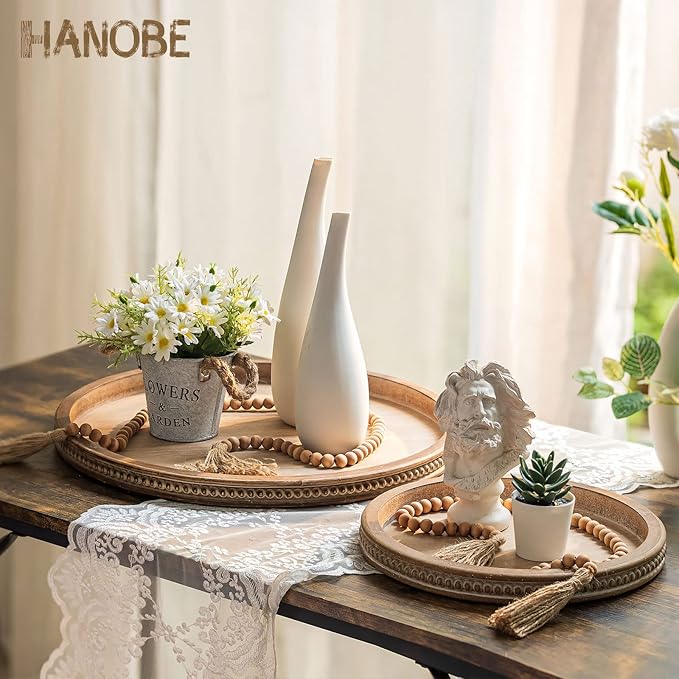 Hanobe Large Round Decorative Tray: Coffee Table Beaded Trays Rustic Wood Trays Decor Farmhouse Ottoman Circle Vintage Centerpiece Wooden Serving for Living Room Home for Counter, Brown