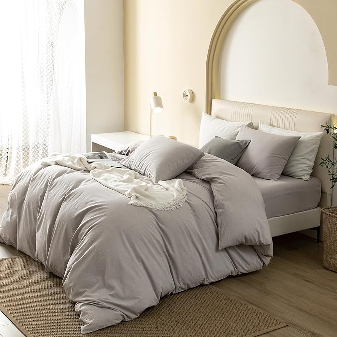JIYUAN 100% Washed Cotton Duvet Cover Set 3 Pieces King, 1 Duvet Cover 104x90 Inches(Comforter Not Included) and 2 Pillowcases,Linen Feel Bedding Set Comfy and Breathable, Heathered Linen