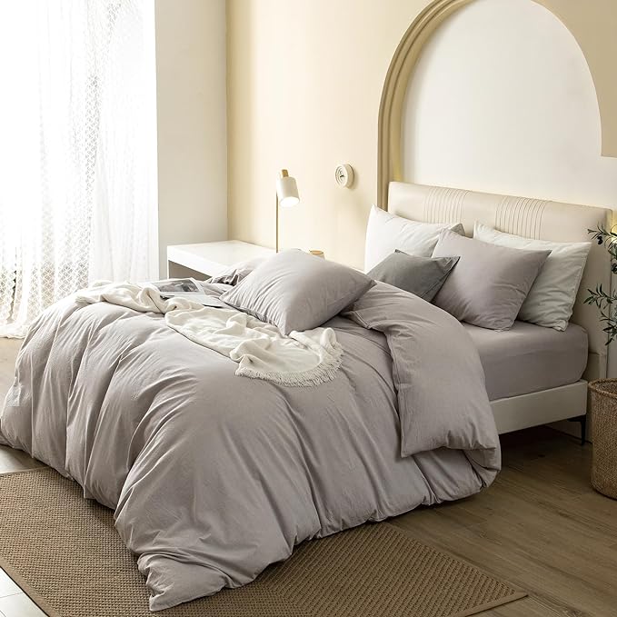 JIYUAN 100% Washed Cotton Duvet Cover Set 3 Pieces Queen, 1 Duvet Cover 90x90 Inches(Comforter Not Included) and 2 Pillowcases,Linen Feel Bedding Set Comfy and Breathable, Heathered Linen