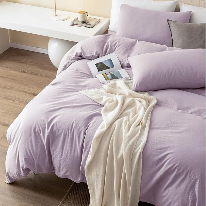 JIYUAN 100% Washed Cotton Duvet Cover Set 3 Pieces Queen, 1 Duvet Cover 90x90 Inches(Comforter Not Included) and 2 Pillowcases,Linen Like Comfy and Breathable,Heathered Light Purple