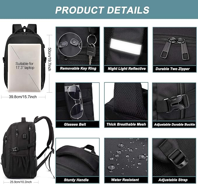 Extra Large Backpack for Men 50L,Water Resistant 17.3 inch Travel Laptop Backpack with USB Charging Port,TSA Friendly Big Business Anti Theft Computer Bag Work College School Bookbags Gifts,Black