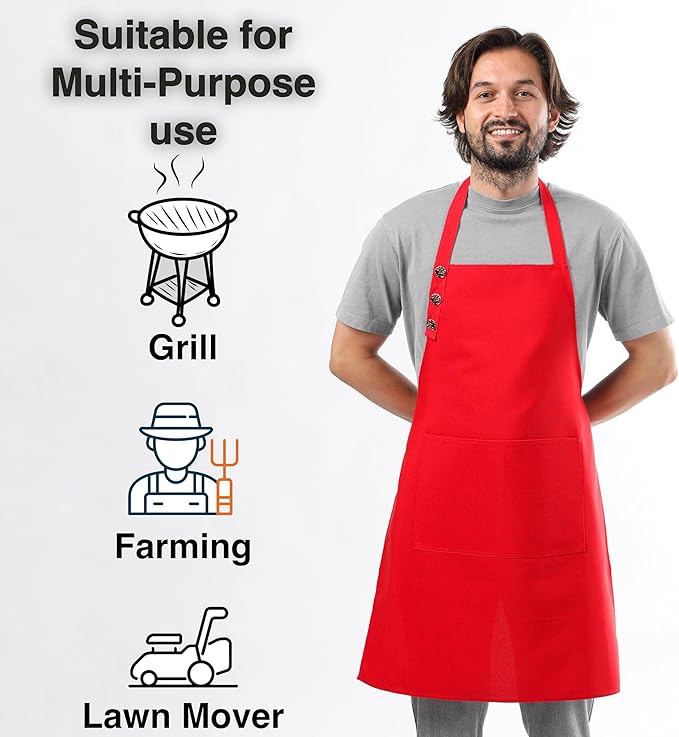 TOSHE Kitchen Apron Waterdrop Resistant Cotton Apron with adjustable Aprons for Women with Pockets 10 Color option Cooking Red Apron (Red)