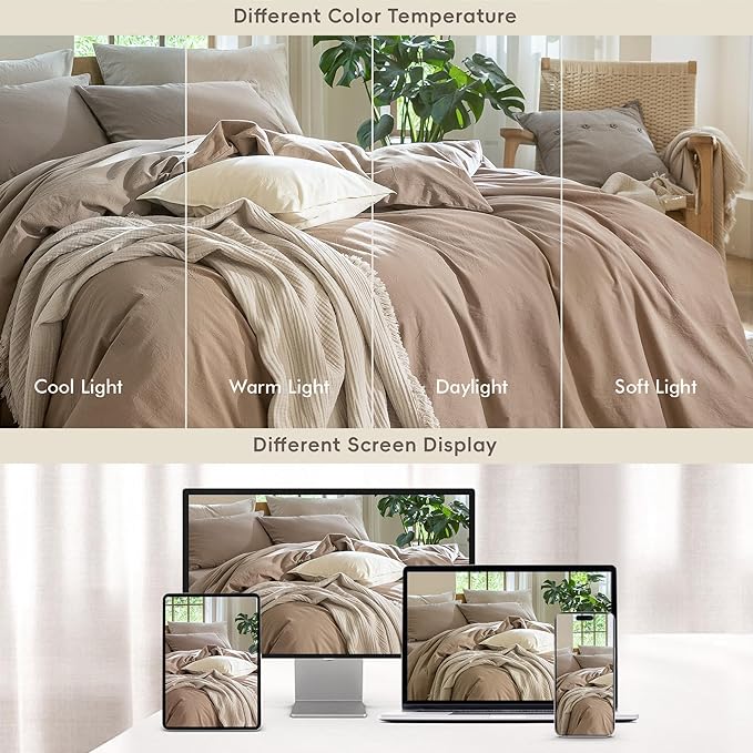 MooMee Bedding Duvet Cover Set 100% Washed Cotton Linen Like Textured Breathable Durable Soft Comfy (Solid Brown, Cal King 104"x98")