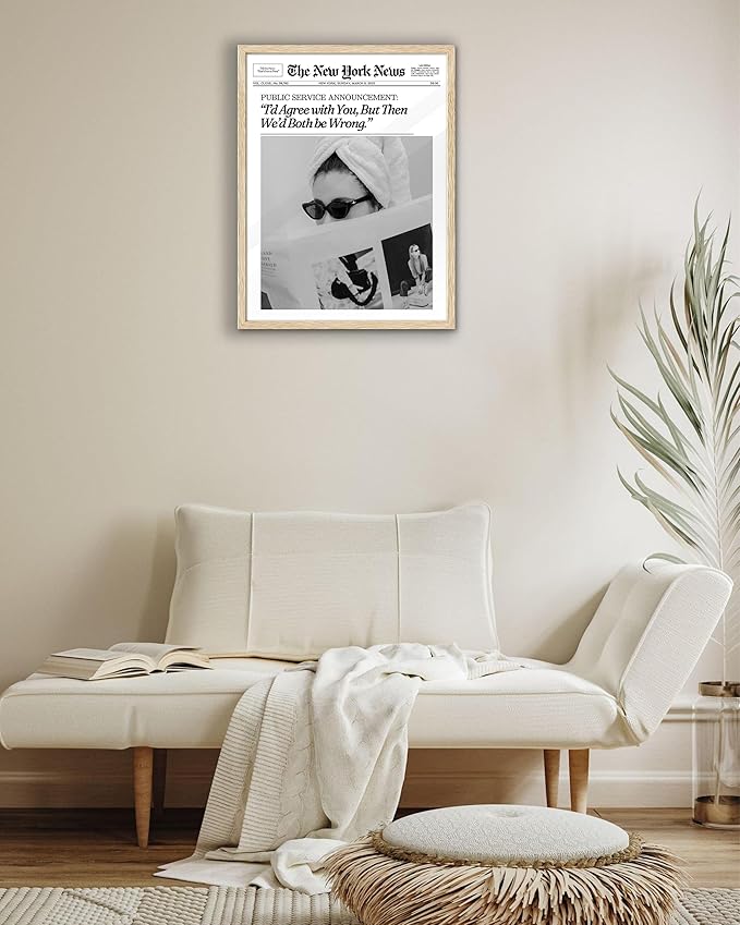 EcoHest Trendy Newspaper Framed Wall Art, 12x16 in OAK Wood Cool Girl Canvas Art, Magazine Bar Cart Print College Dorm Decor, Beige Logs Set of 1 for Bedroom Living Room