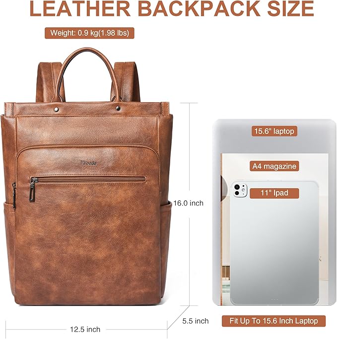 Leather Laptop Backpack for Women, Travel Backpack Purse Fits 15.6 Inch Laptop, Casual Daypack with Laptop Compartment for Teachers College Work Business Nurse Weekender, Brown