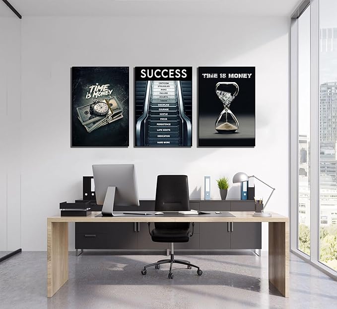 3Pcs Framed Time Is Money Canvas Wall Art Office Wall Decor Inspirational Quotes Pictures Paintings Path to Success Posters Prints of man cave Living Room Bedroom Office Decor Ready to Hang