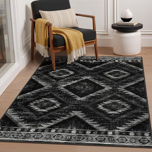 Area Rug 4x6 Rug Machine Washable Non-Slip Low Pile Print Pattern Western Rug for Living Room Bedroom Entryway Tribal Series-Black