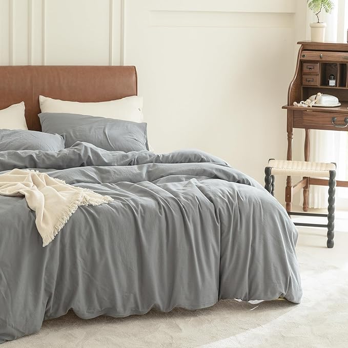 FOSSA Duvet Cover Set 100% Washed Cotton 2 Pieces Bedding Set Twill Soft Cozy Breathable Sturdy Substantial with Textured Weave Solid Blueish Grey Twin/Twin XL