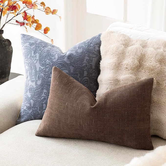 Foindtower Pack of 2 Soft Textured Chenille Throw Decorative Pillow Covers Lumbar Accent Solid Cushion Cover Cozy Neutral Farmhouse Pillow Case for Couch Sofa Bedroom Living Room 12x24 Inch, Chocolate