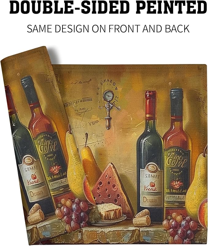 Giwawa Wine Placemats Set of 4 Vintage Style Red Wine Glasses Bottles Linen Table Place Mats Washable Non-Slip Heat Resistance 12"x18" for Kitchen Dining Farmhouse Party Decor