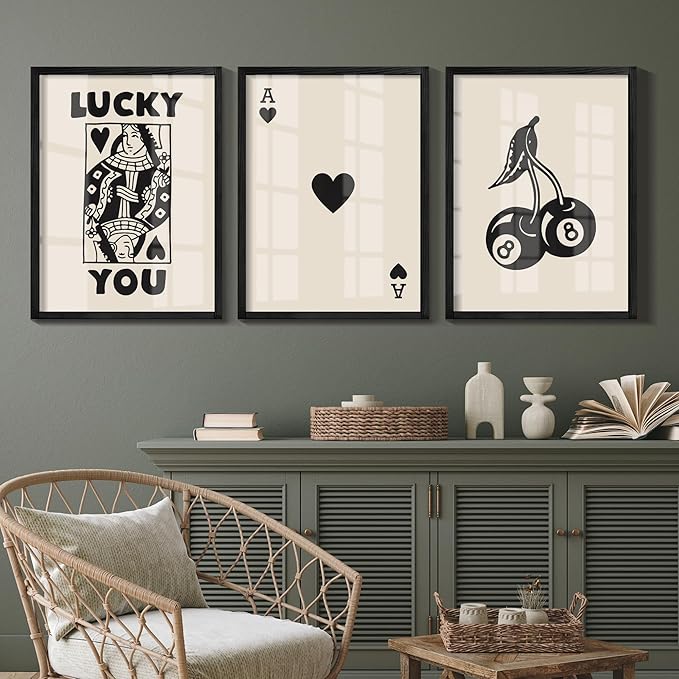 Heiple Framed Set of 3 Poker Wall Art Lucky You Poster, Trendy Retro Print Wall Decor for Queen of Hearts Wall Art Rustic Vintage Farmhouse Home Wall Decor（Black 12"x16"）