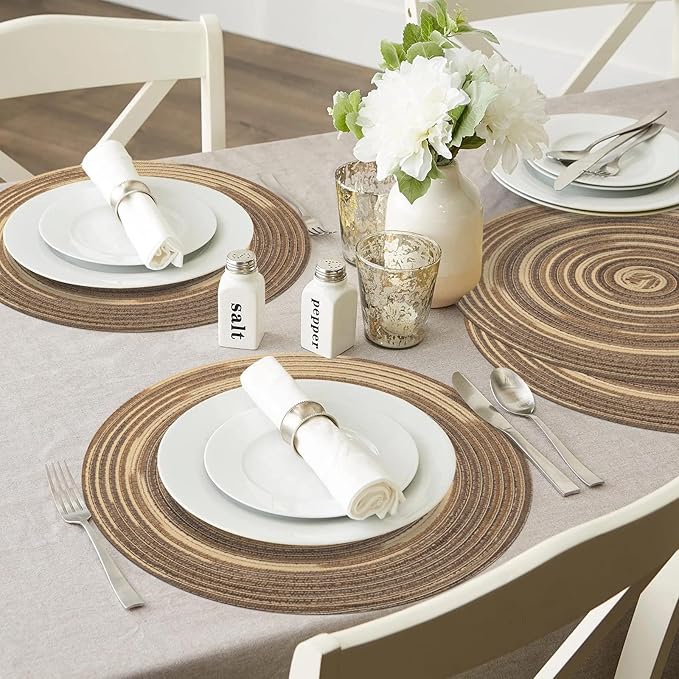 SHACOS Round Braided Placemats 15 inch Set of 4 Variegated Washable Kitchen Table Place Mats Table Mats for Home Wedding Party (Rainbow Brown, 4)