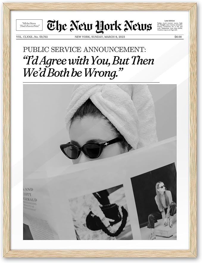 EcoHest Trendy Newspaper Framed Wall Art, 12x16 in OAK Wood Cool Girl Canvas Art, Magazine Bar Cart Print College Dorm Decor, Beige Logs Set of 1 for Bedroom Living Room