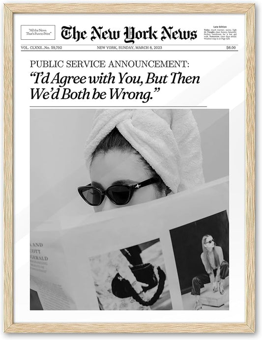 EcoHest Trendy Newspaper Framed Wall Art, 12x16 in OAK Wood Cool Girl Canvas Art, Magazine Bar Cart Print College Dorm Decor, Beige Logs Set of 1 for Bedroom Living Room