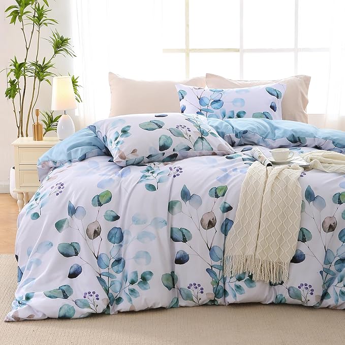 MUXHOMO Duvet Cover King Size, Reversible Floral Blue Duvet Cover Set with Zipper Closure, 3 Pieces Botanical Patterns Soft Microfiber Bedding Set (90"x104", 2 Pillow Cases 20"×36")