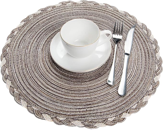 SHACOS Round Placemats Set of 4 Braided Glitter Round Table Placemats 15 inch for Wedding Holiday Party (Multicolor-Light Coffee, 4)