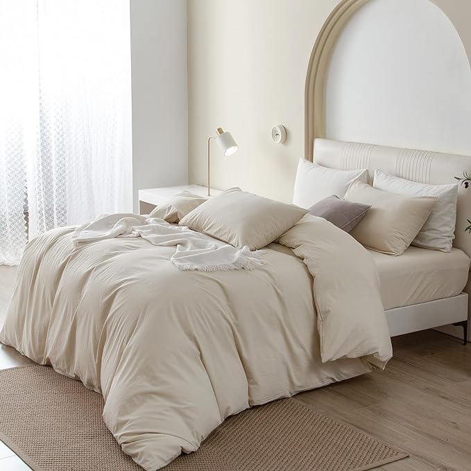 JIYUAN 100% Washed Cotton Duvet Cover Set 3 Pieces King, 1 Duvet Cover 104x90 Inches(Comforter Not Included) and 2 Pillowcases,Linen Feel Bedding Set Comfy and Breathable,Heathered Beige