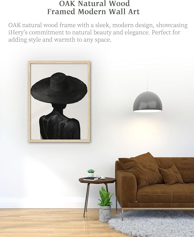 iHery Natural OAK Wood Black Girl Framed Wall Art, 12x16 in Black and White Modern Canvas Wall Art, Trendy African American Black Bedroom Decor, Set of 1 For Bathroom Living Room