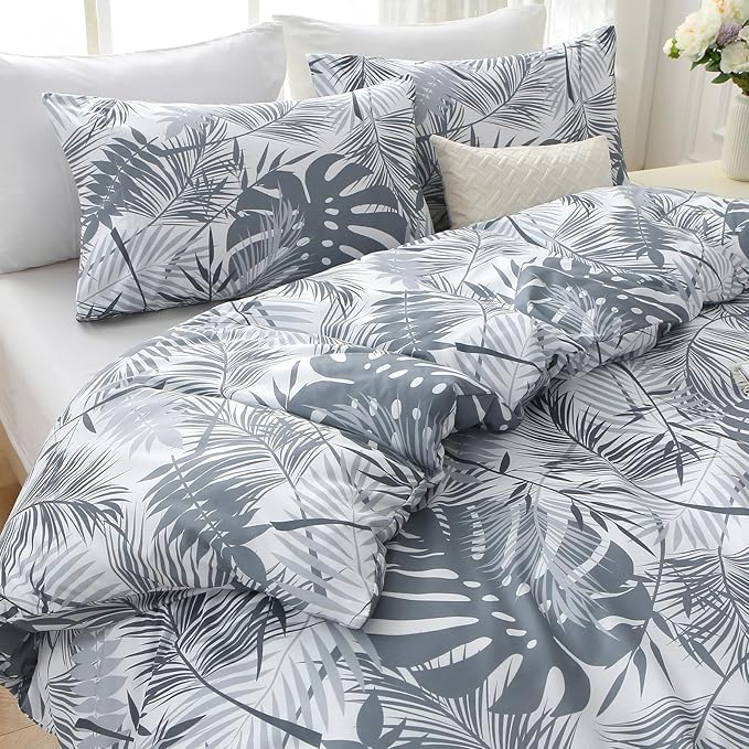 MUXHOMO Duvet Cover Full Size, Reversible Floral Black & Grey Duvet Cover Set with Zipper Closure, 3 Pieces Botanical Patterns Soft Microfiber Bedding Set with 4 Ties (80"x90", 2 Pillow Cases) US